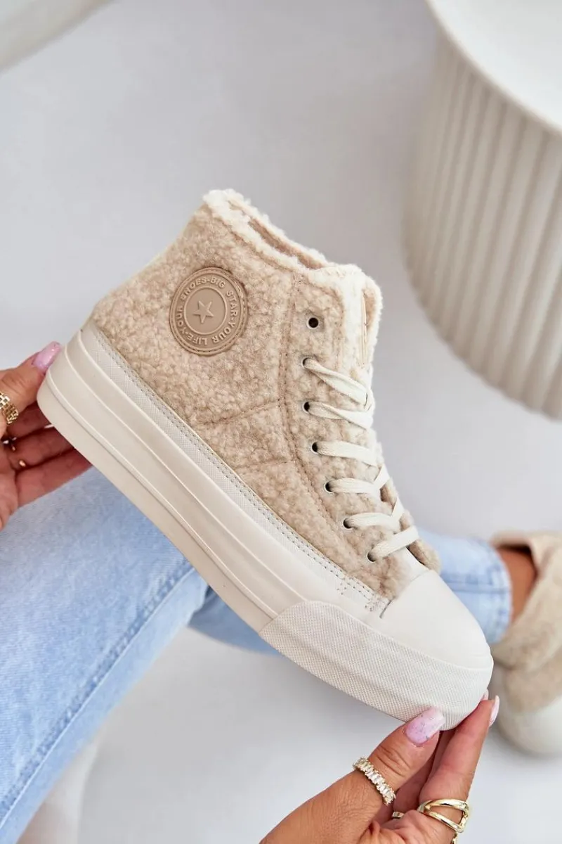 Trampki Damskie Big Star|Trampki Damskie Wysokie>Big Star Shoes Ocieplane Trampki Damskie Z Futerkiem Typu Baranek Big Star OO274A444 Beżowe Beżowy