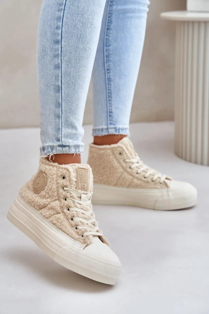 Trampki Damskie Big Star|Trampki Damskie Wysokie>Big Star Shoes Ocieplane Trampki Damskie Z Futerkiem Typu Baranek Big Star OO274A444 Beżowe Beżowy