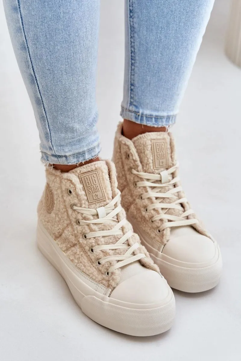 Trampki Damskie Big Star|Trampki Damskie Wysokie>Big Star Shoes Ocieplane Trampki Damskie Z Futerkiem Typu Baranek Big Star OO274A444 Beżowe Beżowy