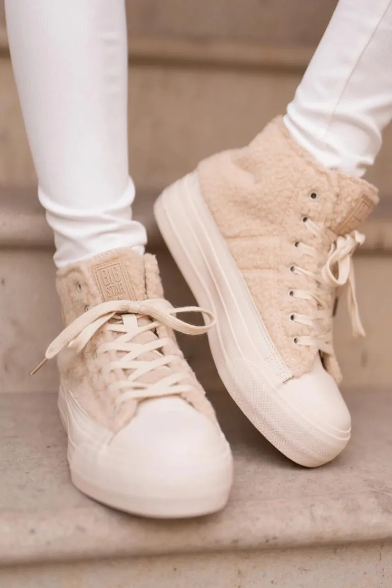 Trampki Damskie Big Star|Trampki Damskie Wysokie>Big Star Shoes Ocieplane Trampki Damskie Z Futerkiem Typu Baranek Big Star OO274A444 Beżowe Beżowy