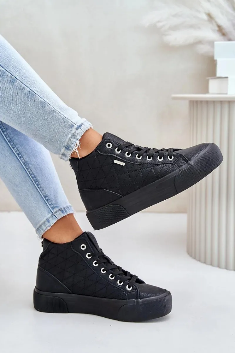 Trampki Damskie Big Star|Trampki Damskie Wysokie>Big Star Shoes Ocieplane Trampki Damskie Z Przeszyciami Big Star OO274A480 Czarne Czarny