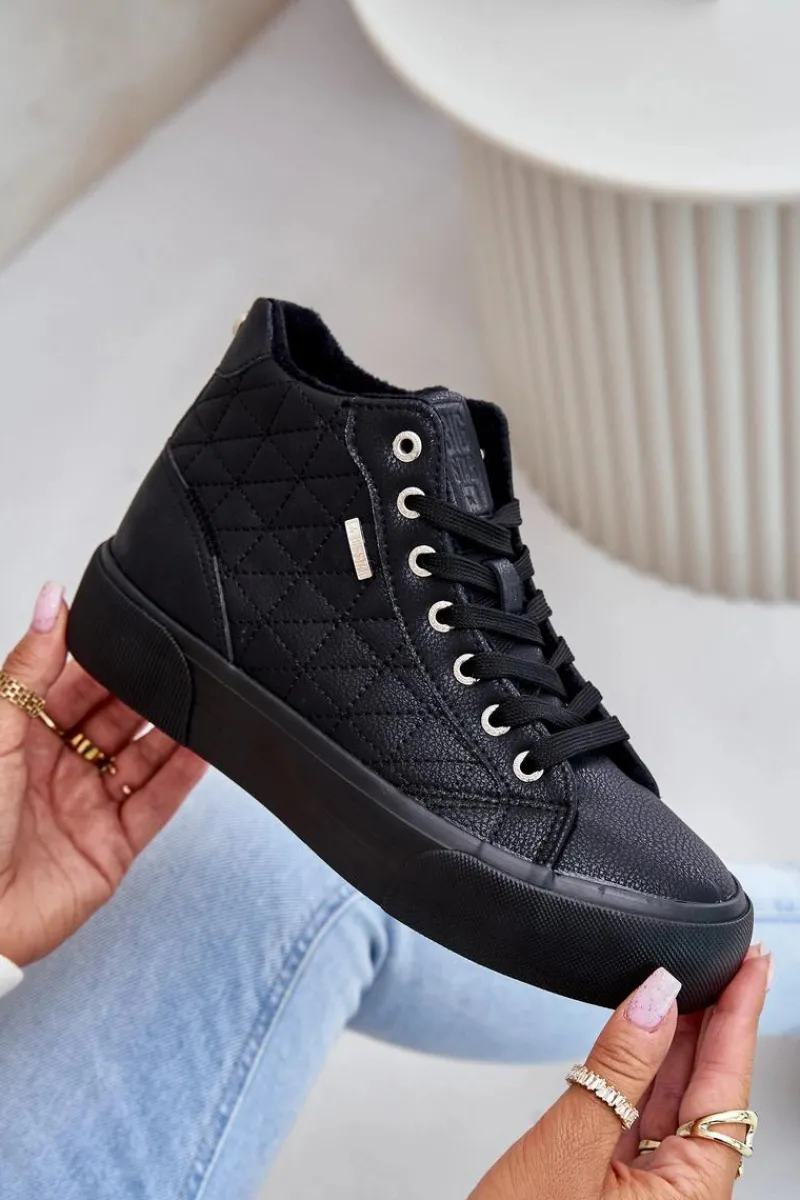 Trampki Damskie Big Star|Trampki Damskie Wysokie>Big Star Shoes Ocieplane Trampki Damskie Z Przeszyciami Big Star OO274A480 Czarne Czarny