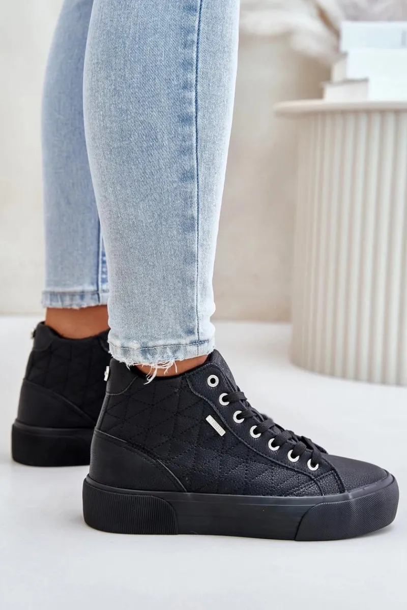 Trampki Damskie Big Star|Trampki Damskie Wysokie>Big Star Shoes Ocieplane Trampki Damskie Z Przeszyciami Big Star OO274A480 Czarne Czarny