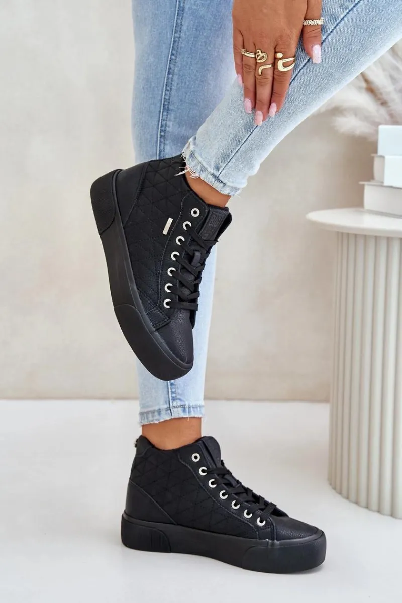 Trampki Damskie Big Star|Trampki Damskie Wysokie>Big Star Shoes Ocieplane Trampki Damskie Z Przeszyciami Big Star OO274A480 Czarne Czarny