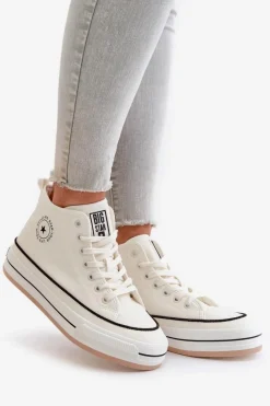 Outlet Big Star Shoes Ocieplane Trampki Damskie Na Platformie Eko Skórzane Big Star OO274061 Białe Biały