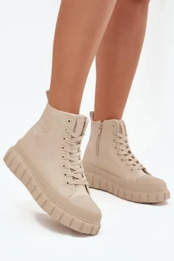 Hot Ocieplane Trampki Damskie Na Platformie Z Eko Skóry Big Star SS274535 Beżowe Damskie Trampki Damskie Big Star|Trampki Damskie Wysokie