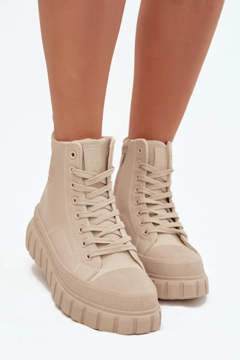 Hot Ocieplane Trampki Damskie Na Platformie Z Eko Skóry Big Star SS274535 Beżowe Damskie Trampki Damskie Big Star|Trampki Damskie Wysokie