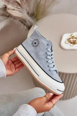 Best Big Star Shoes Ocieplane Trampki Damskie Na Platformie Eko Skórzane Big Star OO274069 e Niebieski