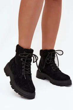 Botki Ocieplane|Damskie Trapery>Boto Ocieplane Trapery Botki Damskie Sznurowane Czarne Lyrinne Czarny