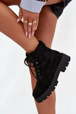Botki Ocieplane|Damskie Trapery>Boto Ocieplane Trapery Botki Damskie Sznurowane Czarne Lyrinne Czarny