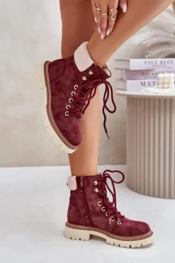 Hot Boto Ocieplane Trapery Botki Damskie Na Zamek Bordowe Ferelia