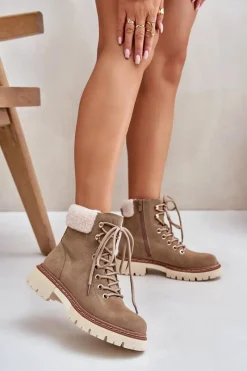 Botki Ocieplane|Damskie Trapery>Boto Ocieplane Trapery Botki Damskie Na Zamek Khaki Ferelia Beżowy