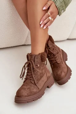 New Boto Ocieplane Trapery Botki Damskie Sznurowane Brązowe Lyrinne Brązowy