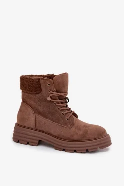 New Boto Ocieplane Trapery Botki Damskie Sznurowane Brązowe Lyrinne Brązowy