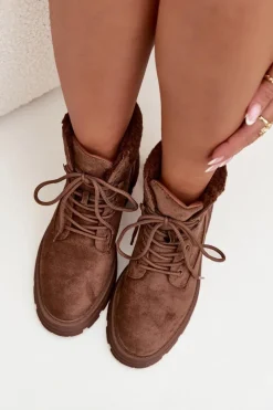 New Boto Ocieplane Trapery Botki Damskie Sznurowane Brązowe Lyrinne Brązowy