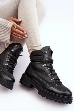 Sale Big Star Shoes Ocieplane Trapery Botki Sznurowane Damskie Czarne Big Star MM274663