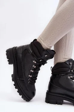 Sale Big Star Shoes Ocieplane Trapery Botki Sznurowane Damskie Czarne Big Star MM274663