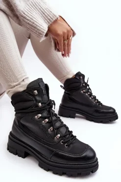 Sale Big Star Shoes Ocieplane Trapery Botki Sznurowane Damskie Czarne Big Star MM274663