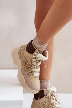 Best Ocieplane Trapery Damskie LCJ-24-03-3059L Beżowe Damskie Trekkingowe Damskie|Botki Ocieplane