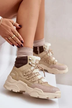 Best Ocieplane Trapery Damskie LCJ-24-03-3059L Beżowe Damskie Trekkingowe Damskie|Botki Ocieplane