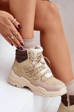 Best Ocieplane Trapery Damskie LCJ-24-03-3059L Beżowe Damskie Trekkingowe Damskie|Botki Ocieplane