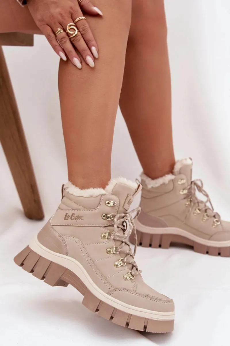 Discount Ocieplane Trapery Damskie LCJ-25-31-3910 Beżowe Damskie Trekkingowe Damskie|Botki Ocieplane