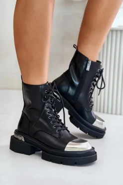 Discount Ocieplane Workery Botki Damskie Ze Skóry Naturalnej OO2N4119 Czarne Damskie Czarne Botki|Botki Zimowe Damskie