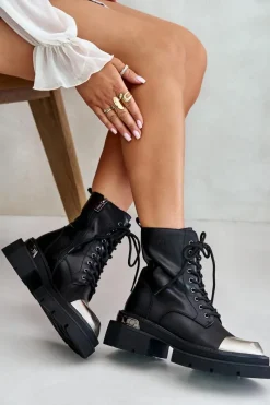 Discount Ocieplane Workery Botki Damskie Ze Skóry Naturalnej OO2N4119 Czarne Damskie Czarne Botki|Botki Zimowe Damskie