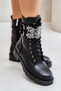 Outlet Boto Ocieplane Workery Botki Z Ozdobnym Paskiem I Klamrami Czarne Viveria