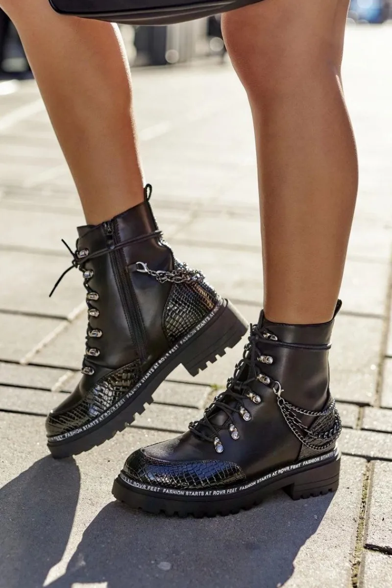 Outlet Ocieplane Workery Z Łańcuchami Czarne Linus Damskie Botki Sznurowane|Czarne Botki
