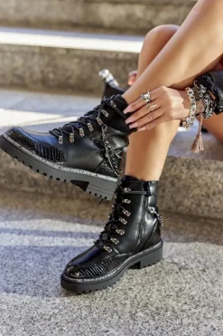 Outlet Ocieplane Workery Z Łańcuchami Czarne Linus Damskie Botki Sznurowane|Czarne Botki