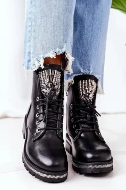 Discount Ocieplane Workery Z Cyrkoniami Czarne Attention Damskie Botki Sznurowane|Czarne Botki