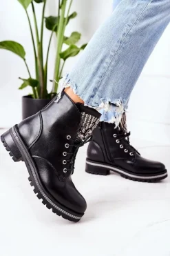 Discount Ocieplane Workery Z Cyrkoniami Czarne Attention Damskie Botki Sznurowane|Czarne Botki