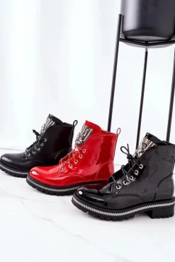 Discount Ocieplane Workery Z Cyrkoniami Czarne Attention Damskie Botki Sznurowane|Czarne Botki