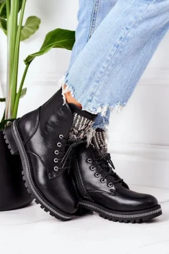 Discount Ocieplane Workery Z Cyrkoniami Czarne Attention Damskie Botki Sznurowane|Czarne Botki