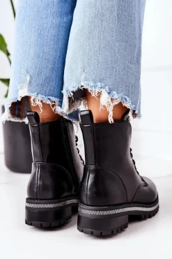 Discount Ocieplane Workery Z Cyrkoniami Czarne Attention Damskie Botki Sznurowane|Czarne Botki