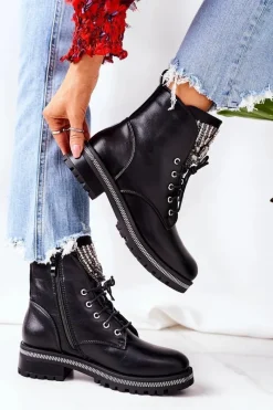 Discount Ocieplane Workery Z Cyrkoniami Czarne Attention Damskie Botki Sznurowane|Czarne Botki