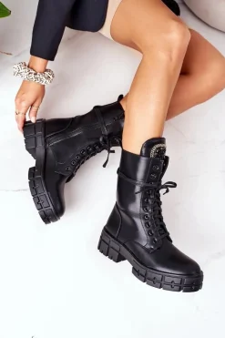 Clearance Ocieplane Workery Z Kamieniami Czarne Hadley Damskie Botki Sznurowane|Czarne Botki