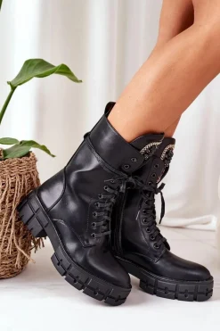 Clearance Ocieplane Workery Z Kamieniami Czarne Hadley Damskie Botki Sznurowane|Czarne Botki