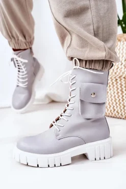Botki Sznurowane|Botki Zimowe Damskie>Boto Ocieplane Workery Z Kieszenią Jasnoszare Awesome