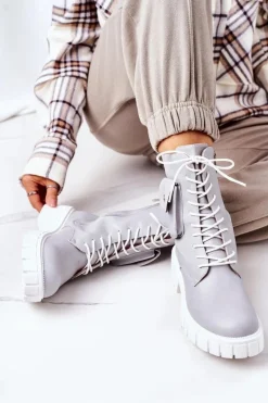 Botki Sznurowane|Botki Zimowe Damskie>Boto Ocieplane Workery Z Kieszenią Jasnoszare Awesome