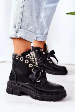 Hot Ocieplane Workery Z Metalowymi Perełkami Czarne Perla Damskie Botki Sznurowane|Czarne Botki