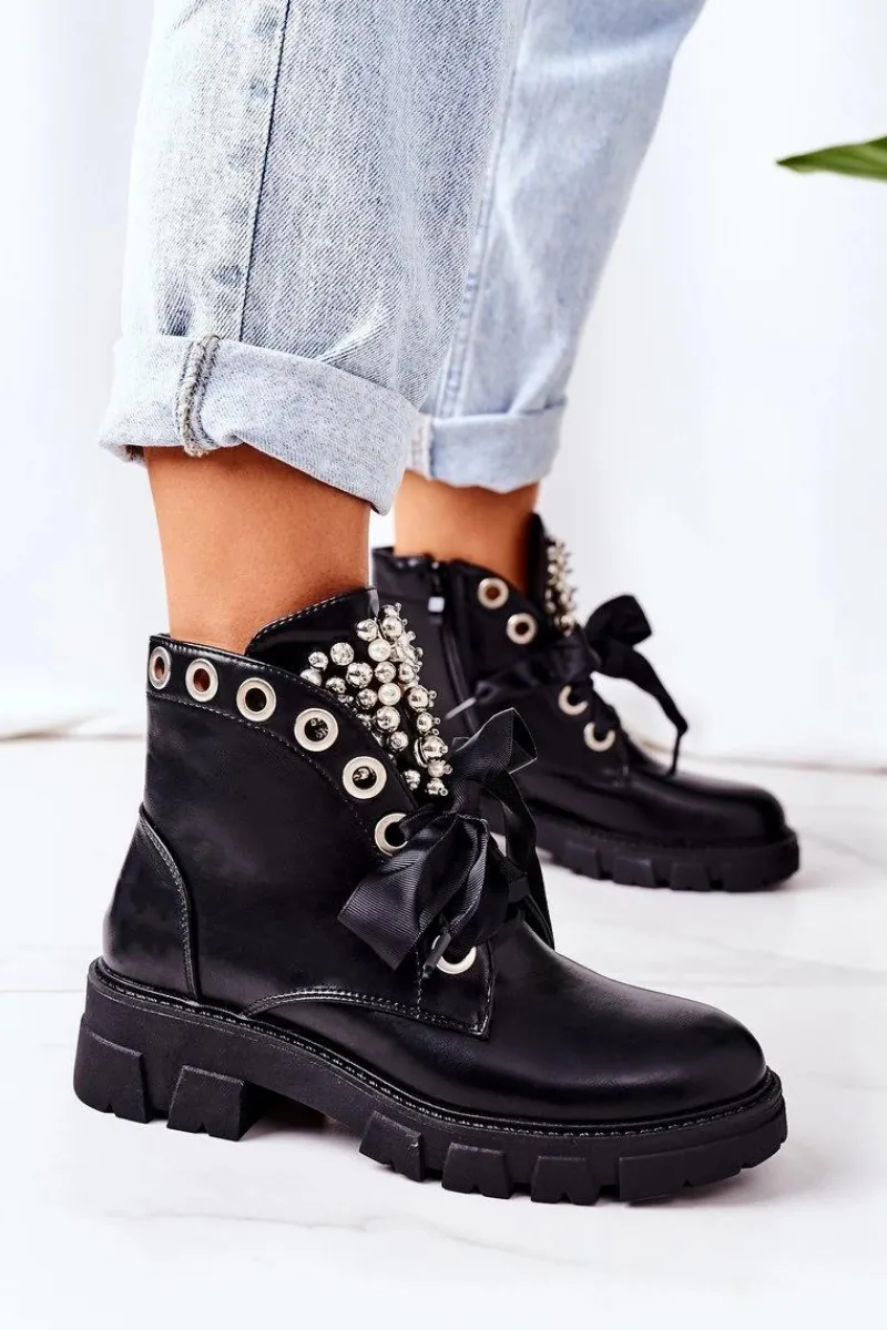 Hot Ocieplane Workery Z Metalowymi Perełkami Czarne Perla Damskie Botki Sznurowane|Czarne Botki