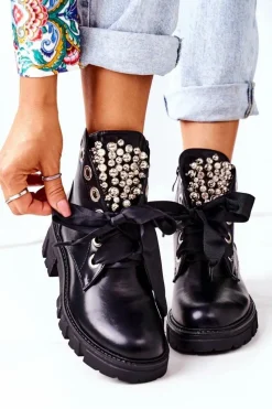 Hot Ocieplane Workery Z Metalowymi Perełkami Czarne Perla Damskie Botki Sznurowane|Czarne Botki