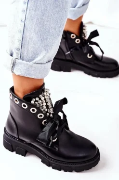 Hot Ocieplane Workery Z Metalowymi Perełkami Czarne Perla Damskie Botki Sznurowane|Czarne Botki