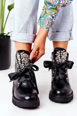 Hot Ocieplane Workery Z Metalowymi Perełkami Czarne Perla Damskie Botki Sznurowane|Czarne Botki