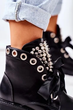 Hot Ocieplane Workery Z Metalowymi Perełkami Czarne Perla Damskie Botki Sznurowane|Czarne Botki