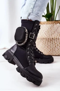 Clearance Ocieplane Workery Z Nerką Czarne Look At Me Damskie Botki Sznurowane|Czarne Botki