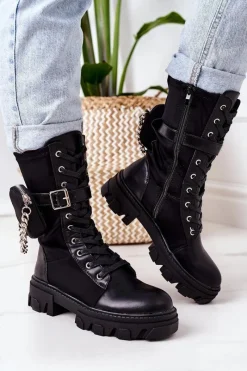 Clearance Ocieplane Workery Z Nerką Czarne Look At Me Damskie Botki Sznurowane|Czarne Botki