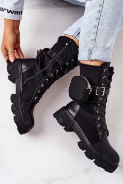 Clearance Ocieplane Workery Z Nerką Czarne Look At Me Damskie Botki Sznurowane|Czarne Botki